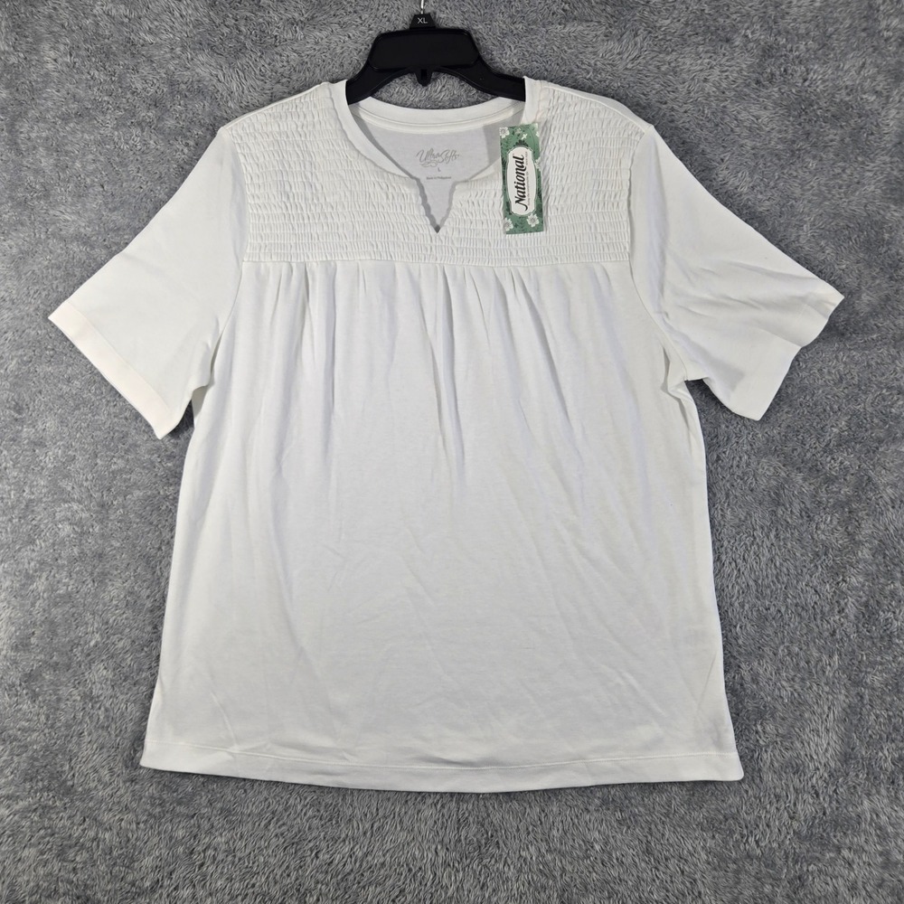 National UltraSofts White Smocked Yoke Notch Neck Knit Top Large NWT